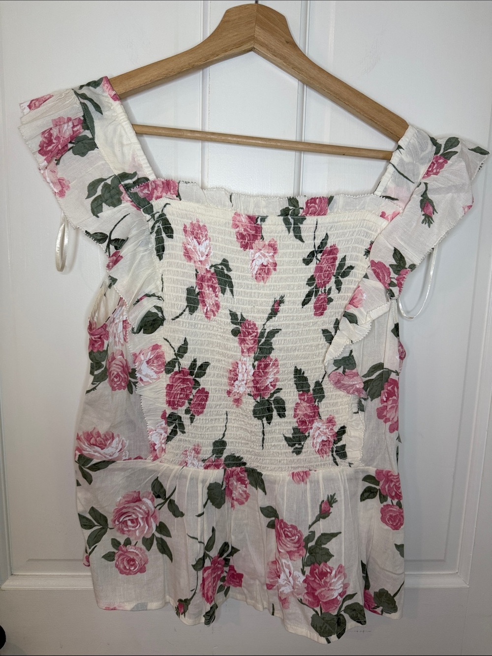 Old Navy White Floral Smocked Ruffle Tank Top - Pink & Green